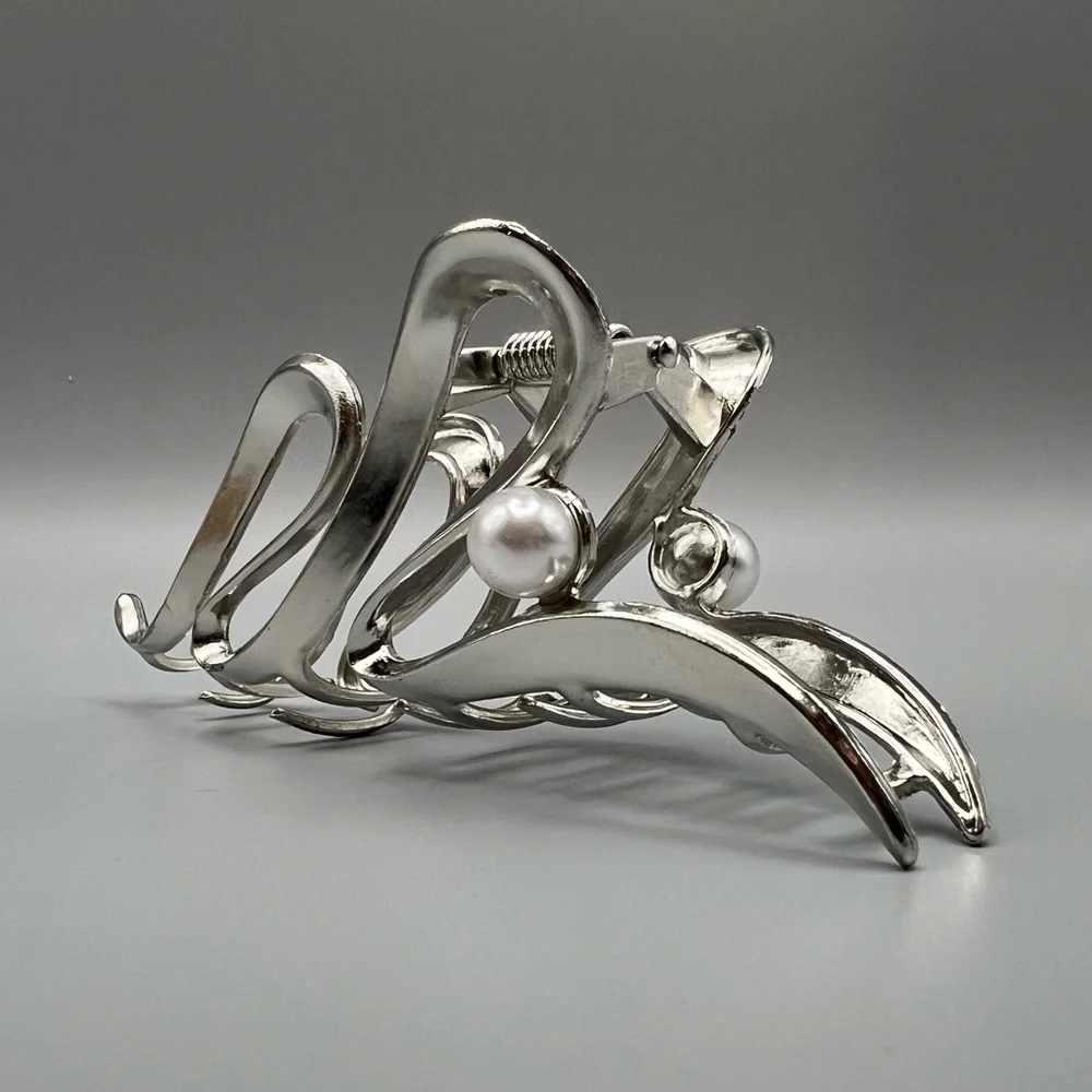 Silver Wave Hair Clip with Pearl Accent